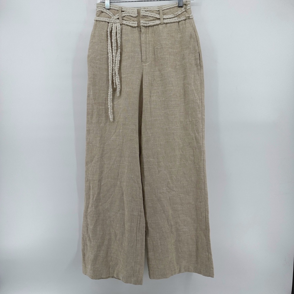Studio F Beige Ramie Cotton Wide Leg Braided Rope Belt Trousers Size 8